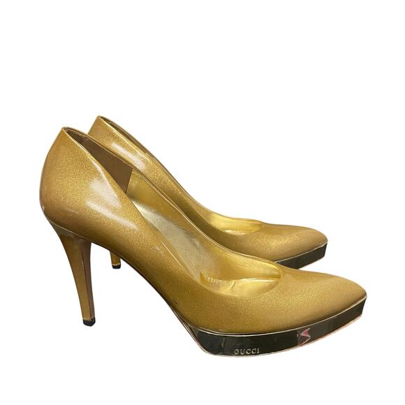 Gucci Metallic Gold Glitter Patent Leather Platform Heels Womens Size 7.5 - Picture 1 of 12